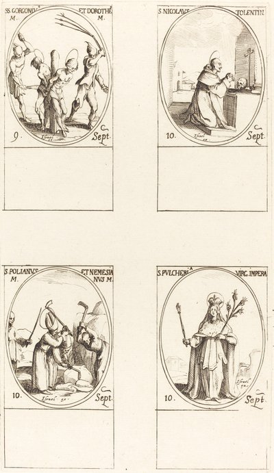 Die Heiligen Gorgonius und Dorothea, der heilige Nikolaus von Tolentino, die Heiligen Polianus und Nemesian von Jacques Callot