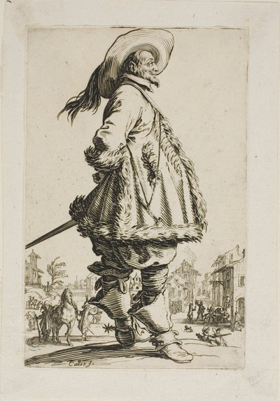 Der Herr in einem Pelzbesetzten Mantel, der seine Hände hinter seinem Rücken hält, Platte sieben aus La Noblesse von Jacques Callot