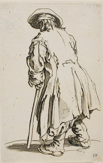 Der alte Bettler, der sich auf seine Krücke stützt, Platte siebzehn aus Die Bettler von Jacques Callot