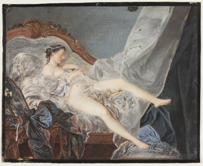Ein nacktes Mädchen, liegend auf dem Rücken auf einem Kanapee zwischen großen Draperien von Jacques Charlier