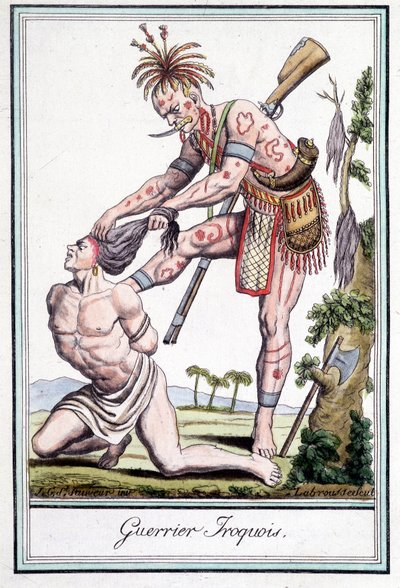 Irokesenkrieger skalpiert seinen Feind - in „Enzyklopädie der Reisen“ von Grasset St Sauveur, Paris von Jacques Grasset de Saint Sauveur