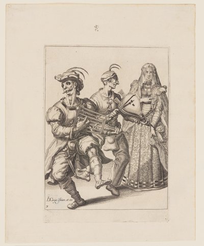 Eine verschleierte Frau mit zwei Musikern, die ein Rost und einen Blasebalg spielen, aus Die Maskeraden von Jacques de Gheyn II