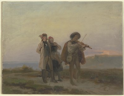 Abendlicher Spaziergang, Geiger und Bauernpaar auf den Feldern von Jakob Becker