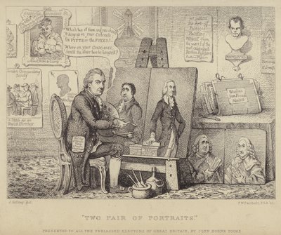 Zwei Paar Porträts: Anti-Whig-Karikatur, die John Henry Tooke mit Porträts von Charles James Fox, der das Laster personifiziert, und William Pitt dem Jüngeren, der die Tugend darstellt, zeigt von James (after) Gillray