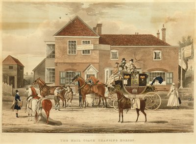 Der Postkutschenwechsel der Pferde, ca. 1825 (Gravur) von James (after) Pollard