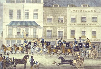 West Country Mail im Gloucester Coffee House, Piccadilly, graviert von C. Rosenberg von James (after) Pollard