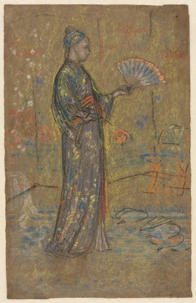 Japanische Frau malt einen Fächer (recto), Stehende Frau hält ihr Kleid hoch (verso), ca. 1872 von James Abbott McNeill Whistler