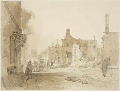 Ruinen des Herrenhauses und Zollhauses im Queen Square nach den Unruhen von James Baker Pyne