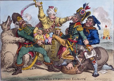 Alliierte Mächte entstiefeln Egalite, veröffentlicht von Hannah Humphrey im Jahr 1799 von James Gillray
