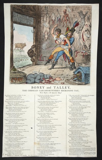 Boney und Talley, Die korsischen Kadaver-Metzger Abrechnungstag - Kein Vierteltag!, veröffentlicht 1803 (handkolorierte Gravur) von James Gillray