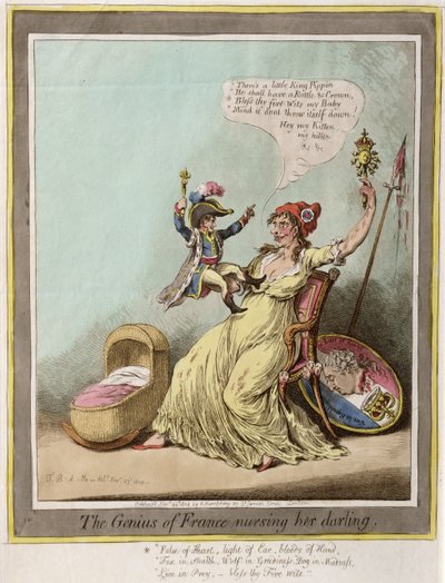 Der Genius von Frankreich pflegt ihren Liebling, veröffentlicht von Hannah Humphrey 1804 (handkolorierte Radierung) von James Gillray