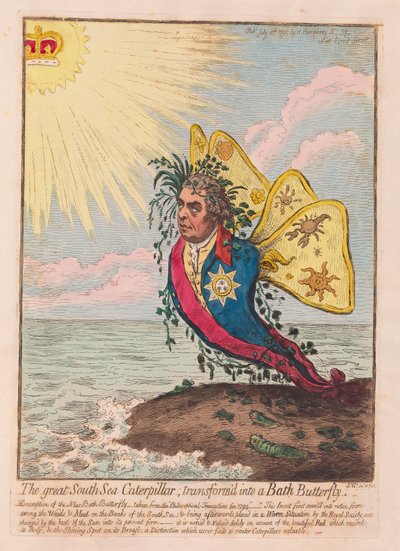 Die große Südsee-Raupe, verwandelt in einen Bath-Schmetterling von James Gillray