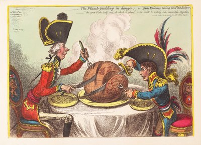 Der Pflaumenpudding in Gefahr oder Staatsfeinschmecker nehmen ein kleines Abendessen, veröffentlicht 1805 von James Gillray