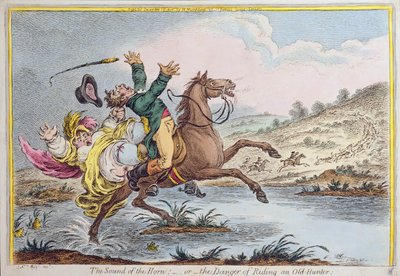 Der Klang des Horns oder Die Gefahr, einen alten Jäger zu reiten, veröffentlicht von Hannah Humphrey im Jahr 1807 von James Gillray