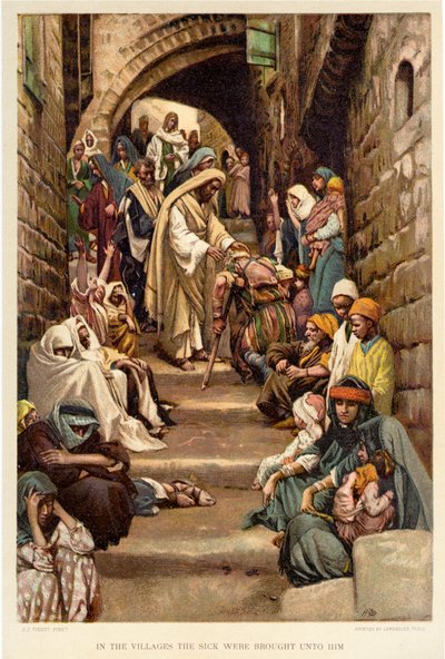 In den Dörfern wurden die Kranken zu ihm gebracht - Bibel von James Jacques Joseph after Tissot