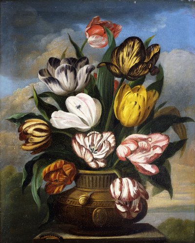 Tulpen in einer Vase, mit einer Raupe, einer Schnecke und einer Fliege, auf einem Sockel in einer Landschaft, 1826 von James Sillett