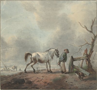 Landschaft mit einem trinkenden Mann, Pferd und Hund von Jan Augustini