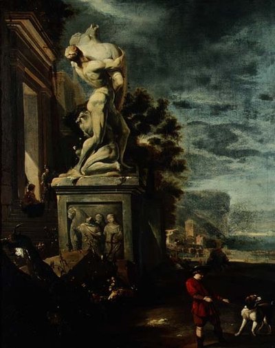 Hafen mit Figuren bei einer klassischen Statue von Jan Baptist Weenix