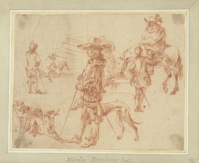 Blatt mit Studien von Jägern, Pferden und Hunden von Jan Blom