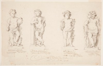 Zeichnung, Entwürfe für Statuen: "Weisheit", "Beständigkeit", "Eloquenz", "Verkleideter Amor", 1726 von Jan Claudius de Cock