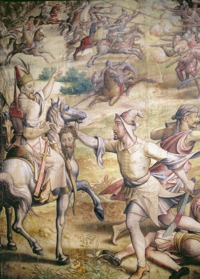 Kampagne von Kaiser Karl V. gegen die Türken in Tunis 1535: Die Eroberung von Goletta, Detail eines Fußsoldaten mit einem abgetrennten Kopf von Jan Cornelisz Vermeyen