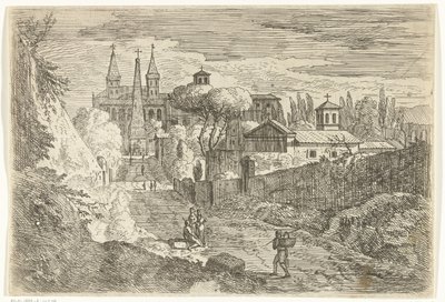 Italianisierende Landschaft mit Reisenden bei Stadtmauern von Jan Frans van Bloemen