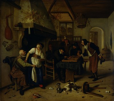 Innenraum eines Gasthauses mit einem alten Mann, der sich mit der Wirtin amüsiert, und zwei Männern, die Backgammon spielen, bekannt als 