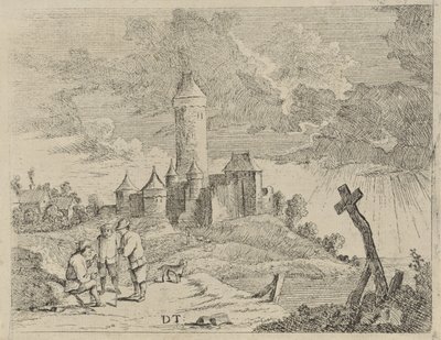 Landschaft mit Schloss und drei Männern von Jan Lauwryn Krafft (I) (possibly)