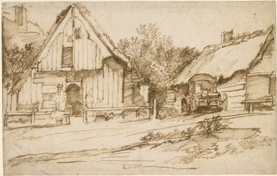 Drei Bauernhäuser an einem Weg von Jan Lievens
