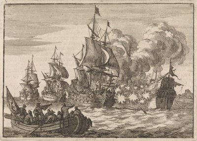 Bei Valencia wird der spanische Admiral Papachino von drei französischen Schiffen unter Admiral Tourville angegriffen, weil er nicht schnell genug salutierte, 1688 von Jan Luyken