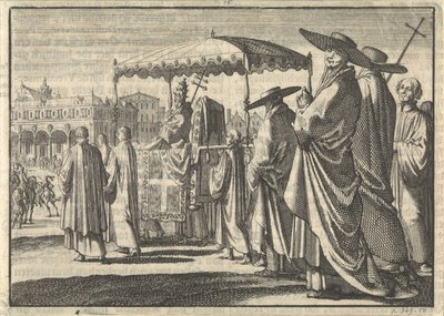 Christian IV., König von Dänemark, als Papst verkleidet, imitiert mit seinen Höflingen eine Prozession, 1596 von Jan Luyken