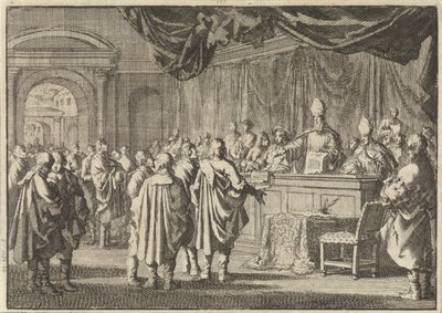 Reformierte in Ungarn vor einem Gericht von Bischöfen und anderen Katholiken, 1670 von Jan Luyken