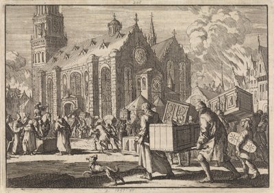 Einwohner von Speyer bringen vertrauensvoll ihre Möbel zum Dom, wo sie dann vom französischen General Monclar verbrannt werden, 1689 von Jan Luyken