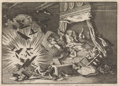 Explosion einer Bombe in einem Haus an der Ebbingestraat in Groningen, 1672 von Jan Luyken