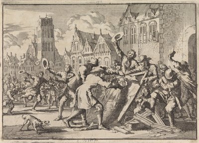 Aufruhr in Dordrecht, bei dem ein Bild von Cornelis de Witt vom Volk zerstört wird, 1672 von Jan Luyken