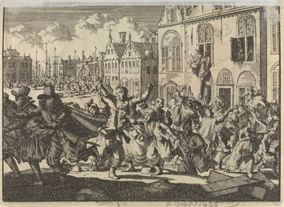 Aufruhr in Enkhuizen, bei dem die Häuser der Vizeadmirale Kwast und Turk zerstört werden, 1635 von Jan Luyken