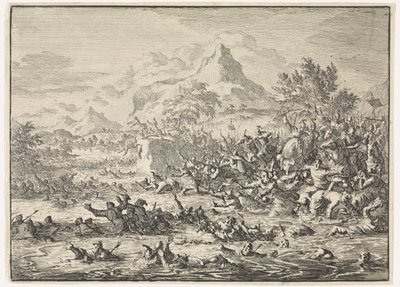 Placidus besiegt die Juden am Jordan und treibt sie in den Fluss von Jan Luyken