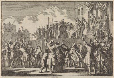 Straßenszene in Aberdeen, in der die katholische Religion verspottet wird, 1689 von Jan Luyken