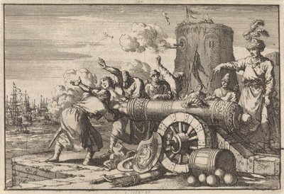 Während des französischen Bombardements auf Algier wird der französische Konsul von den Algeriern in eine Kanone geladen und getötet, 1683 von Jan Luyken