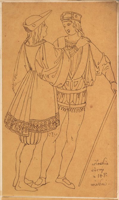 Skarbczyk. Zwei stehende Männer in italienischen Kostümen aus dem 14. Jahrhundert von Jan Matejko