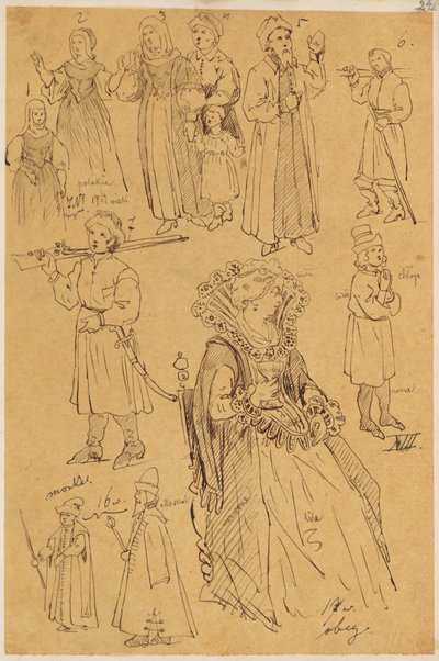Skarbczyk. Zwölf Personen: Frauen, Männer, Kinder, Bauern, Moskauer, sitzende Dame, aus dem 16. und 17. Jahrhundert von Jan Matejko