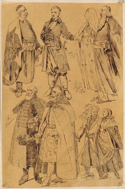 Skarbczyk. Acht Männer und Frauen in Kostümen des 16. und 18. Jahrhunderts von Jan Matejko