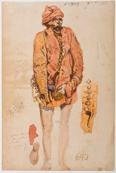 Kostümstudien aus dem 17. Jahrhundert - Leiche eines Mannes in rotem Żupan; Skizzen von Ärmel und Schuh von Jan Matejko