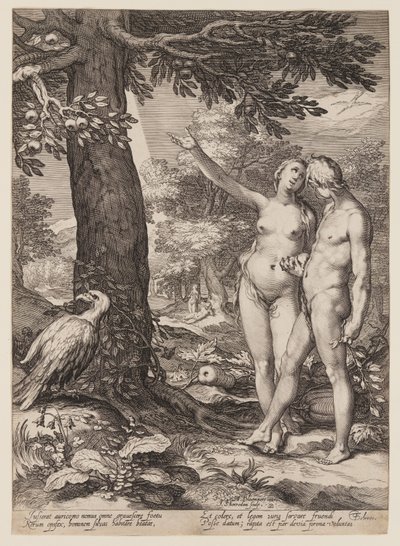 Adam und Eva vor dem Baum der Erkenntnis, aus Geschichte der ersten Eltern der Menschheit von Jan Saenredam