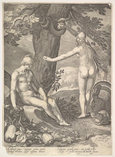 Eva gibt Adam die verbotene Frucht, aus Die Geschichte von Adam und Eva von Jan Saenredam