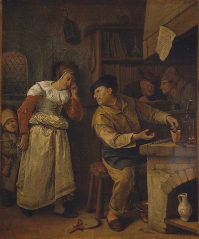 Ein Goldschmied schmilzt den Schmuck einer Frau in Anwesenheit eines Notars: "Der Alchemist" von Jan Steen