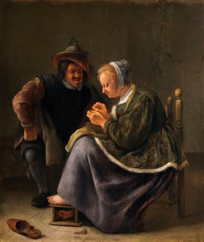 Eine Frau, die einen Strumpf flickt von Jan Steen