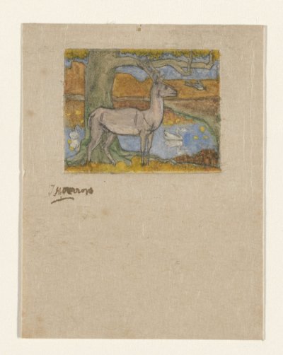 Hirsch bei einem Baum vor einem Teich von Jan Toorop (signed by artist)