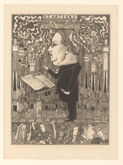 Dirigent mit Geigen und rauchenden Schornsteinen im Hintergrund (De Staatskas / De Haardsteden) von Jan Toorop