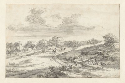 Dünenlandschaft mit Figuren entlang einer Straße, mit einer Hütte in der Ferne von Jan Vermeer van Haarlem (I) (attributed to)